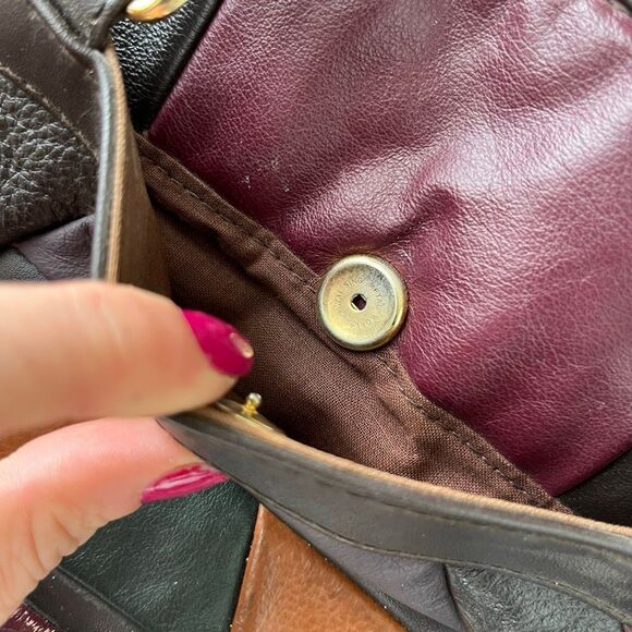 VTG 80s Genuine Leather Patchwork Tote Shoulder Bag Brown Multi Boho - Picture 6 of 11